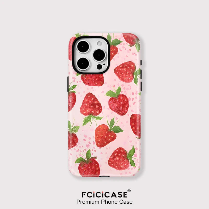 Cute Strawberry Pattern Case For iPhone 12 13 11 14 15 Plus 16 Pro Max Luxury 2 in 1 Magnetic Double-layer PC Back Cover
