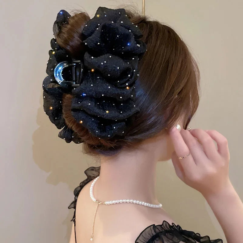 Summer Sweet Mesh Tulle Big Bow Hair Claw Clips for Women Solid colors Elegant Bowknot Ponytail clip New Headdress Accessories