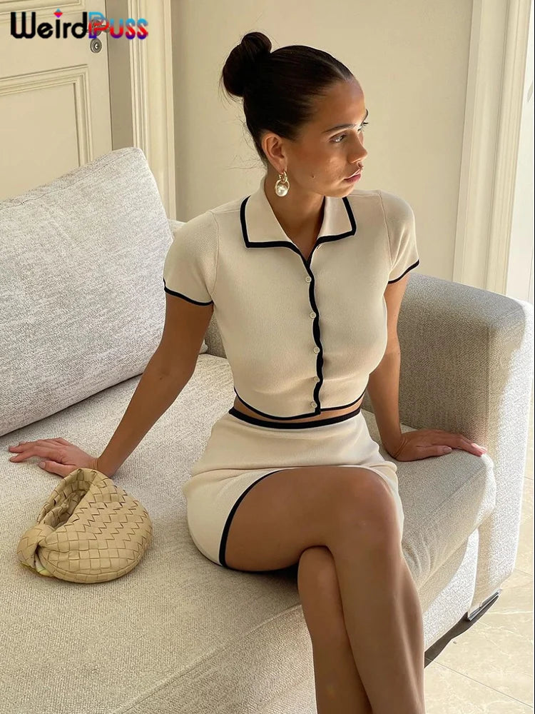 Ensemble 2 pièces côtelé pour femme, col polo, short boutonné, haut court et mini-jupe assortis, extensibles et élégants, style streetwear