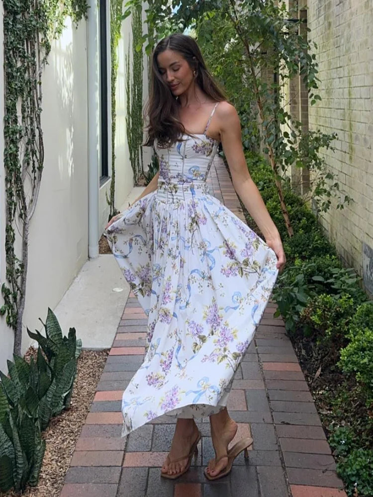 Elegant Floral Print Spaghetti Strap Dress Women Chic Slim Backless Sleeveless Pleated A-line Robe Lady High Waist Party Vestido