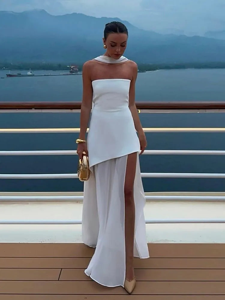 Elegant Solid Pleated Maxi Dress Women Sexy Sleeveless Off Shoulder High Slit Spliced Scarf Slim Fit Dresses 2025 New Party Wear