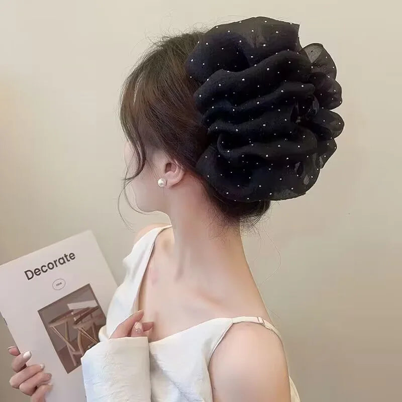 Summer Sweet Mesh Tulle Big Bow Hair Claw Clips for Women Solid colors Elegant Bowknot Ponytail clip New Headdress Accessories