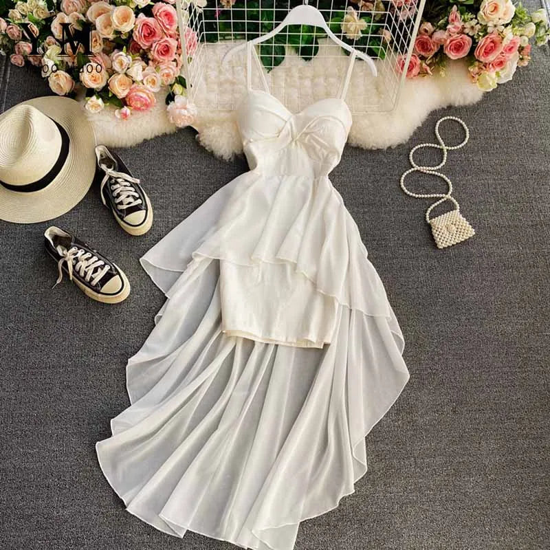 Ins Fashion Slim High Waist Asymmetrical Women Dress 2021 New Summer Elegant White Black Party Dress Ladies Dresses