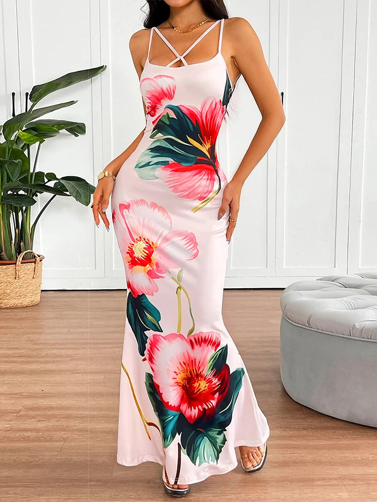 Women's Print Maxi Dresses Summer Sexy Backless Sleeveless Sling Dress New Streetwear Fashion Lady Casual Slim Dresses Clothing