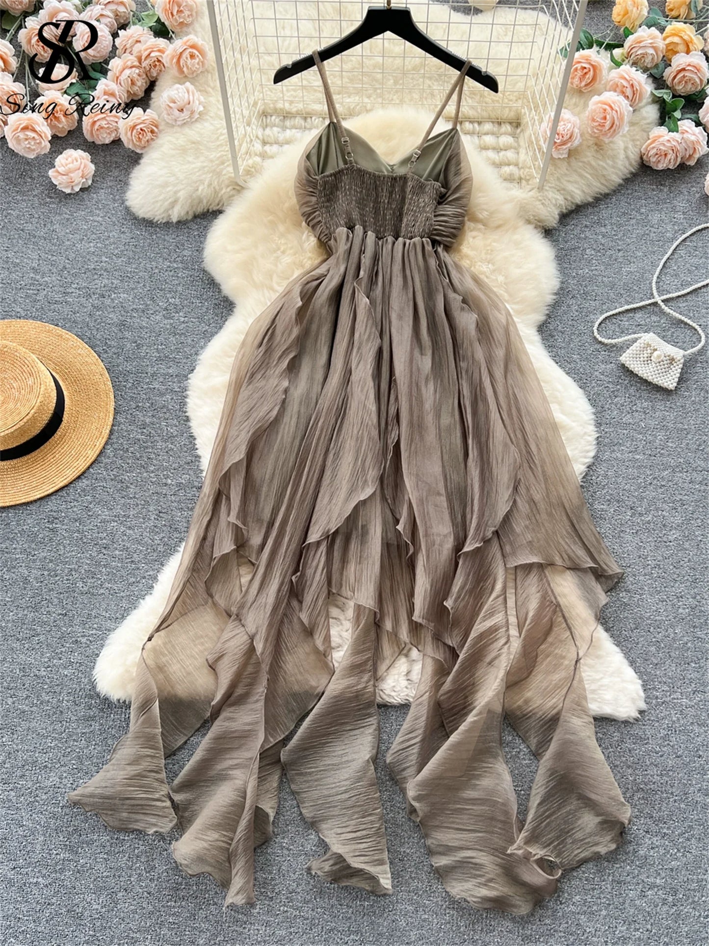 SINGREINY Summer Beach Vacation Style Dress Women Elastic Waist Spaghetti Strap Ribbon Irregular Fashion Sexy Slim Long Dress
