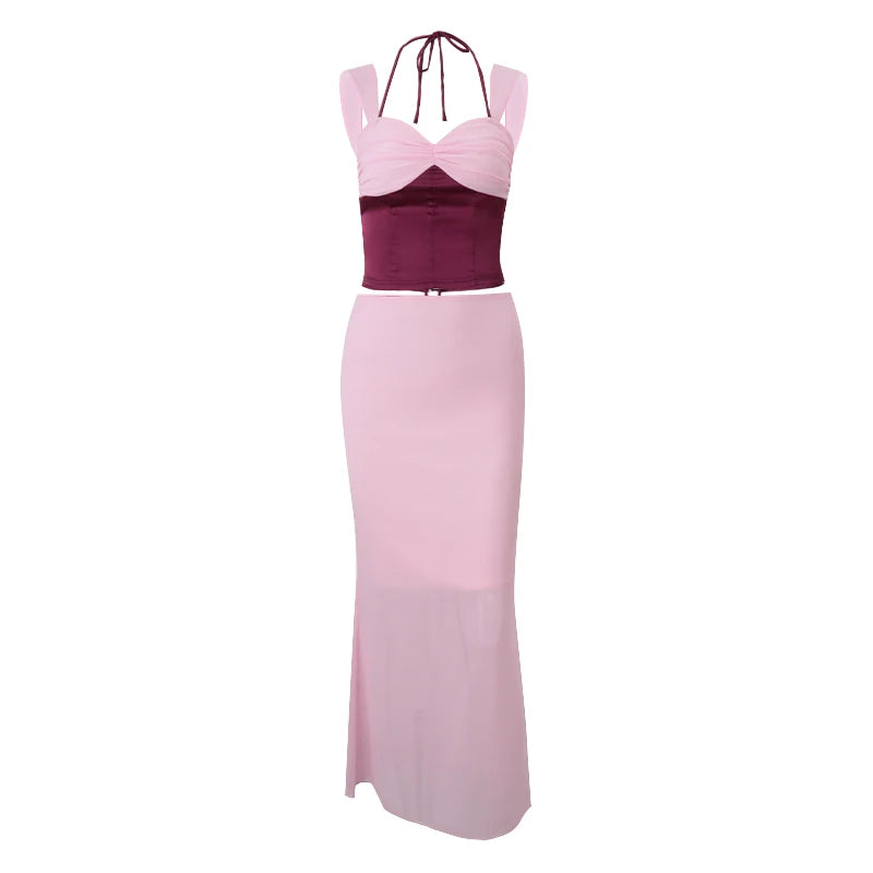 WhereMery Temperament Ensemble deux pièces pour femme, haut court patchwork sans manches à épaules dénudées et jupe droite taille basse sexy