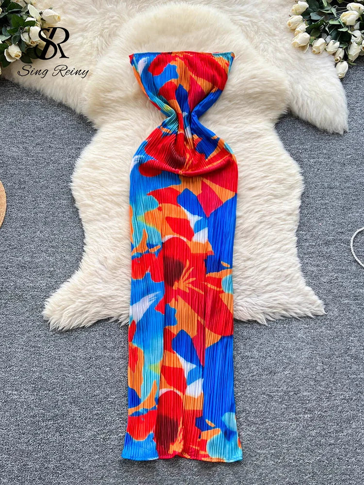 SINGREINY Vacation Beach Strapless Dress Female Sleeveless Chic Print Slim Sundress 2025 Bow Design Pleated Sexy Long Dress