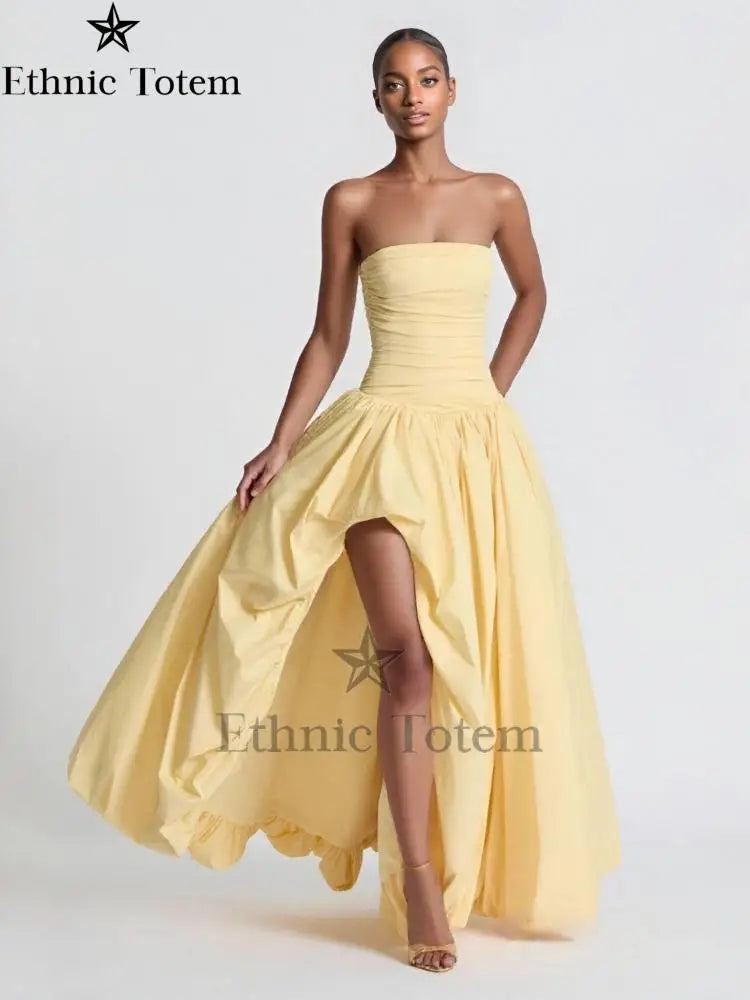 Womens Yellow Evening Dress Fashion Strapless A-line Bubble Hem Slim Robes Summer Lady Party Dresses vestidos 2025