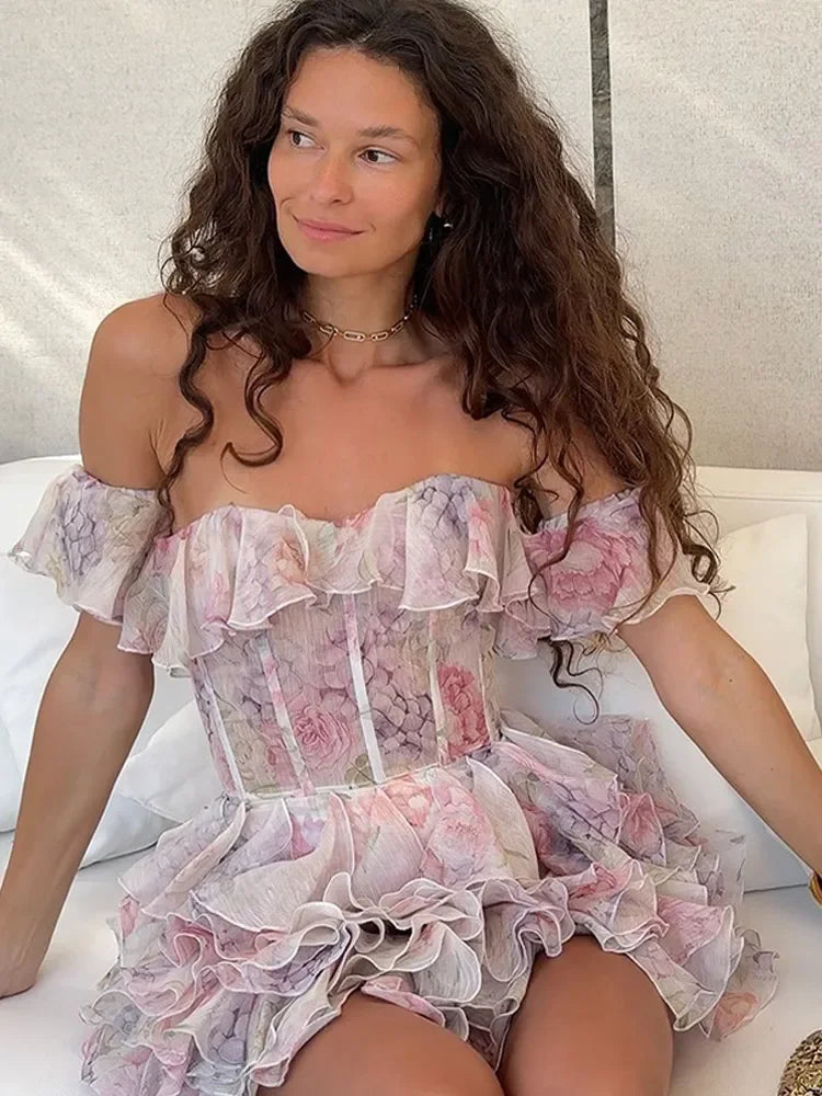 Robe courte élégante à imprimé floral rose pour femme, tenue de soirée chic en mousseline de soie, manches longues, épaules dénudées, superposée et irrégulière, nouvelle collection 2025