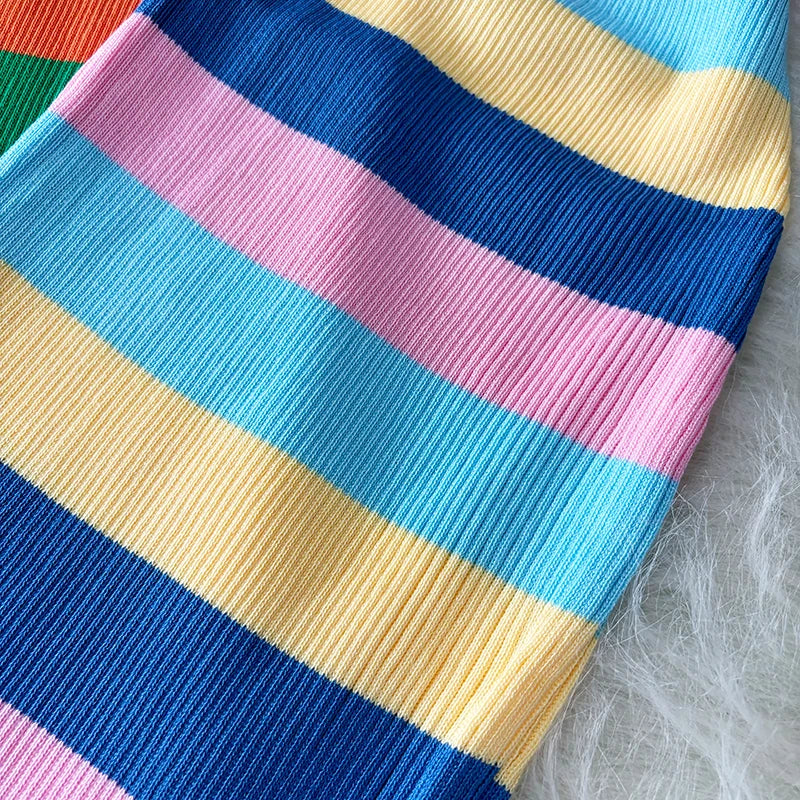 Chic Elastic Sexy Wrap Hips Maxi Long Dress Women Y2K Rainbow Knitted Bodycon Summer Dress Streetwear Ladies Outfits Sundress