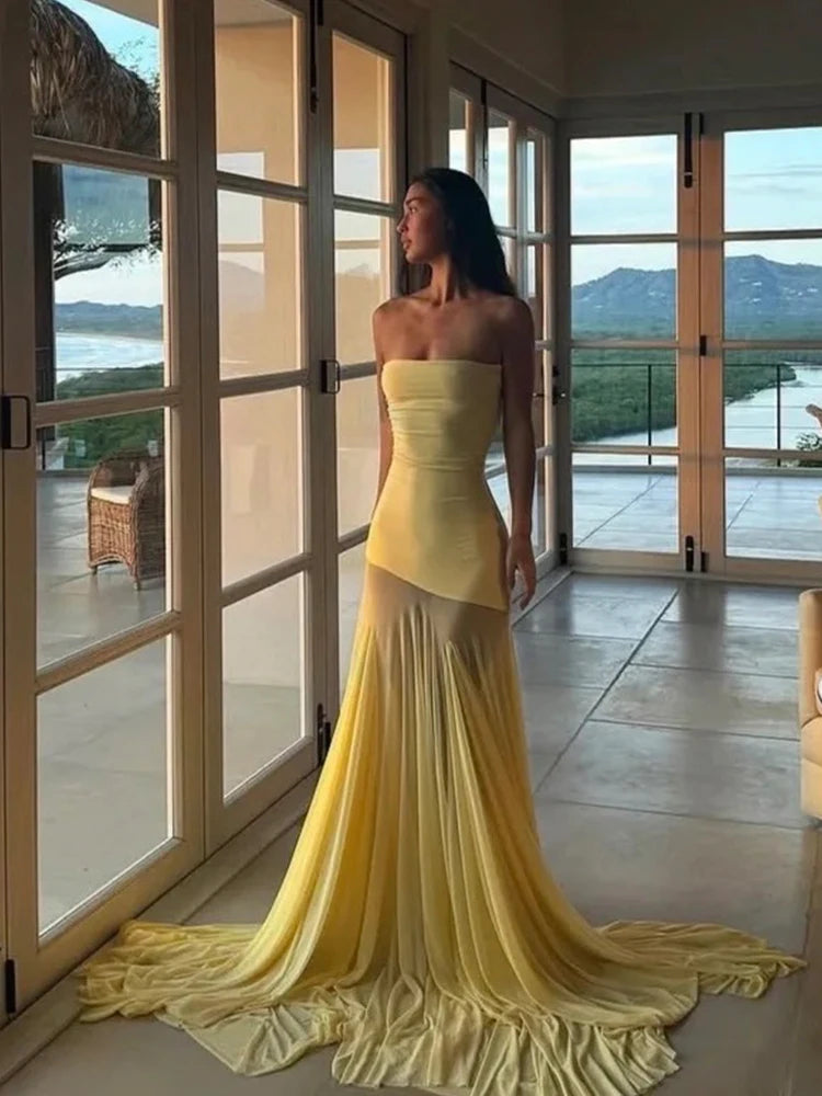 Nibber Patchwork Dress Women See Through Temperament Solid Pleated Strapless Sleeveless Backless Slim Banquet Party Vestidos