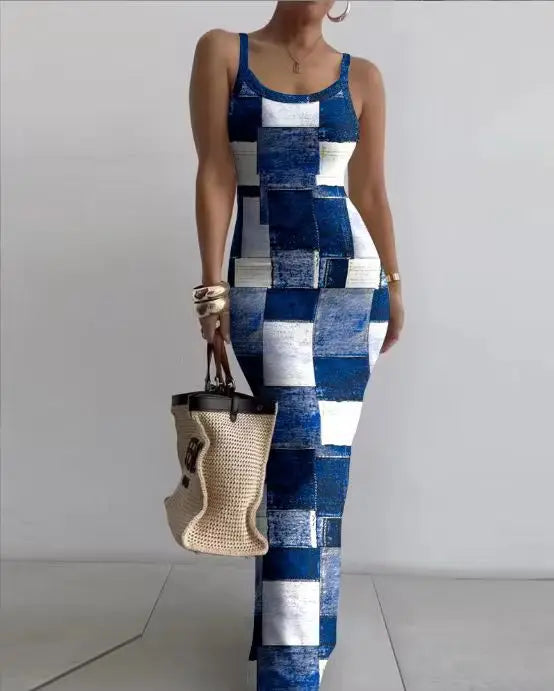 Printed Slim Sexy Spaghetti Strap Long Dresses Women Fashion Trendy Y2k Sleeveless Solid Skinny Bodycon Maxi Vestidos Summer New