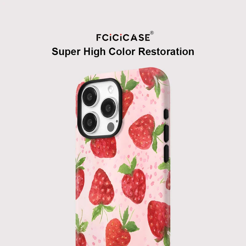 Cute Strawberry Pattern Case For iPhone 12 13 11 14 15 Plus 16 Pro Max Luxury 2 in 1 Magnetic Double-layer PC Back Cover