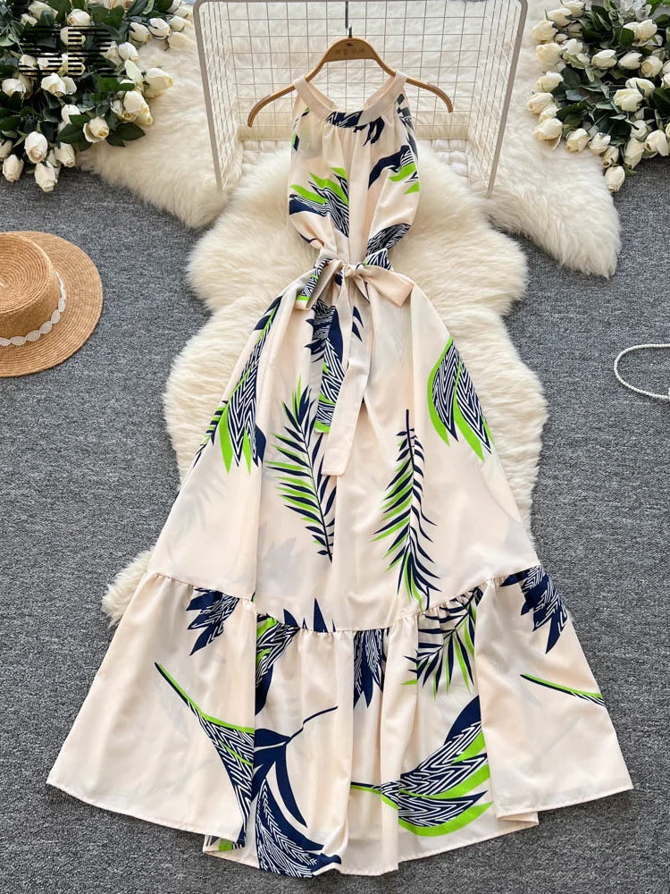 SINGREINY Women Print Vacation Dress Lace Up Design French Sleeveless Halter Dresses 2025 Summer Senior Beach Long Sundress