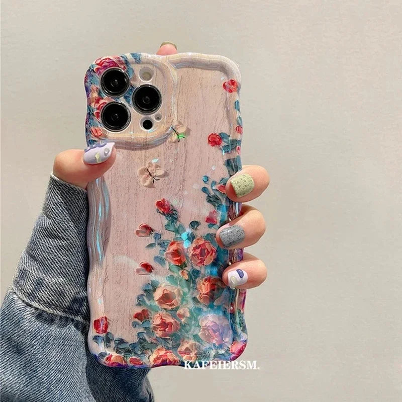 Luxury Flower Pattern Laser Phone Case For iPhone 11 12 13 14 15 16 Pro Max Shockproof Bumper Cases Cover