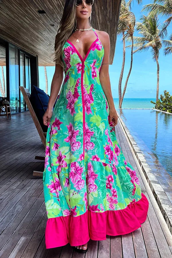 Fashion Print Sexy Halter Beach For Women's Dresses New Summer Slim Swing Elegant Female Deep V Neck Party Dress