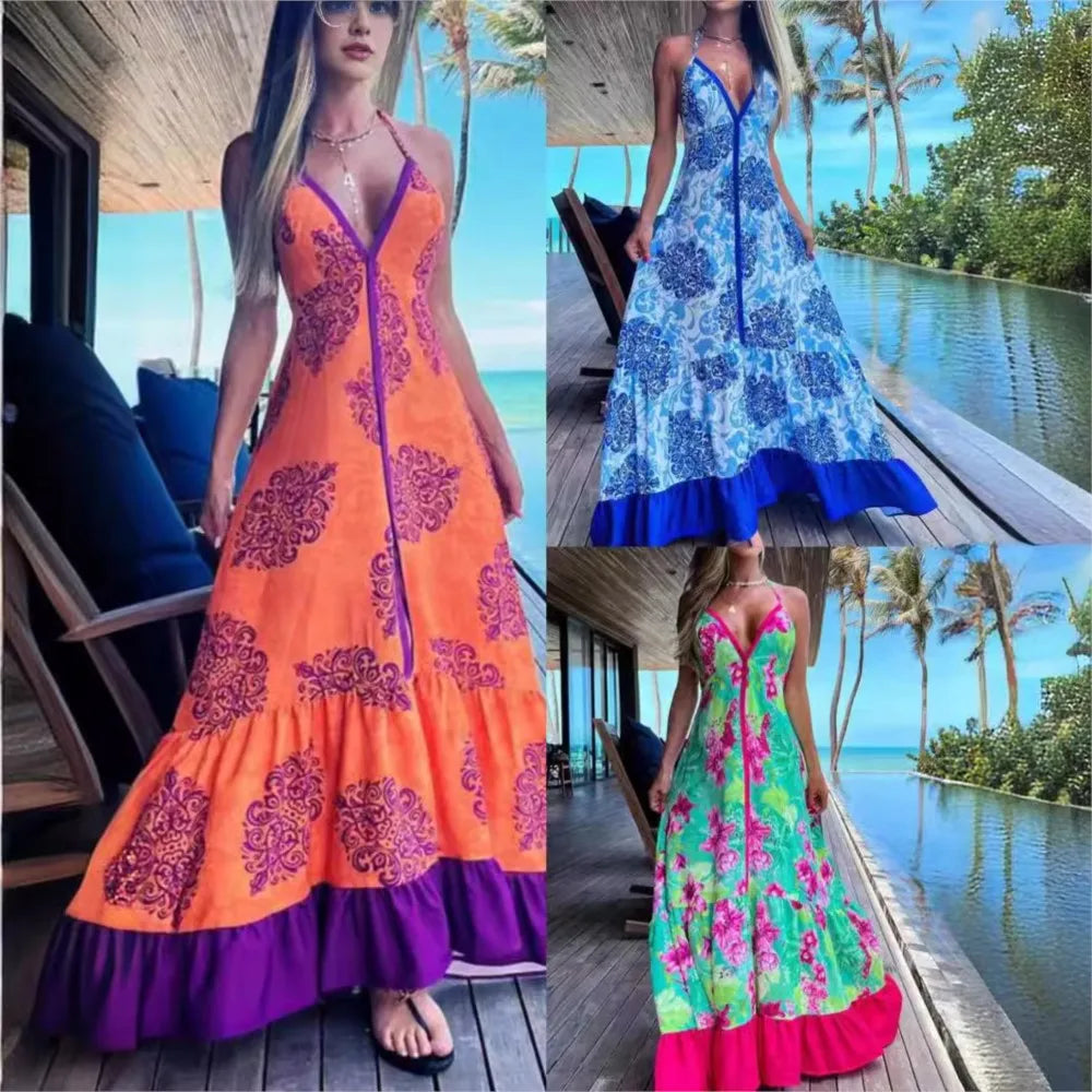Fashion Print Sexy Halter Beach For Women's Dresses New Summer Slim Swing Elegant Female Deep V Neck Party Dress