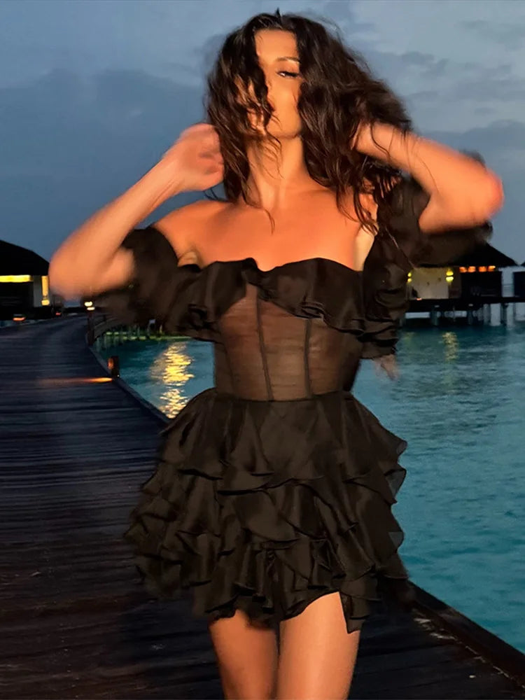 Chic Off-Shoulder Flounce Mesh Dress Woman Transparent Solid Color Layered Short Dresses Sexy Beach Vacation Women's Mini Dress