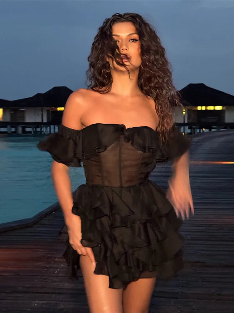 Chic Off-Shoulder Flounce Mesh Dress Woman Transparent Solid Color Layered Short Dresses Sexy Beach Vacation Women's Mini Dress