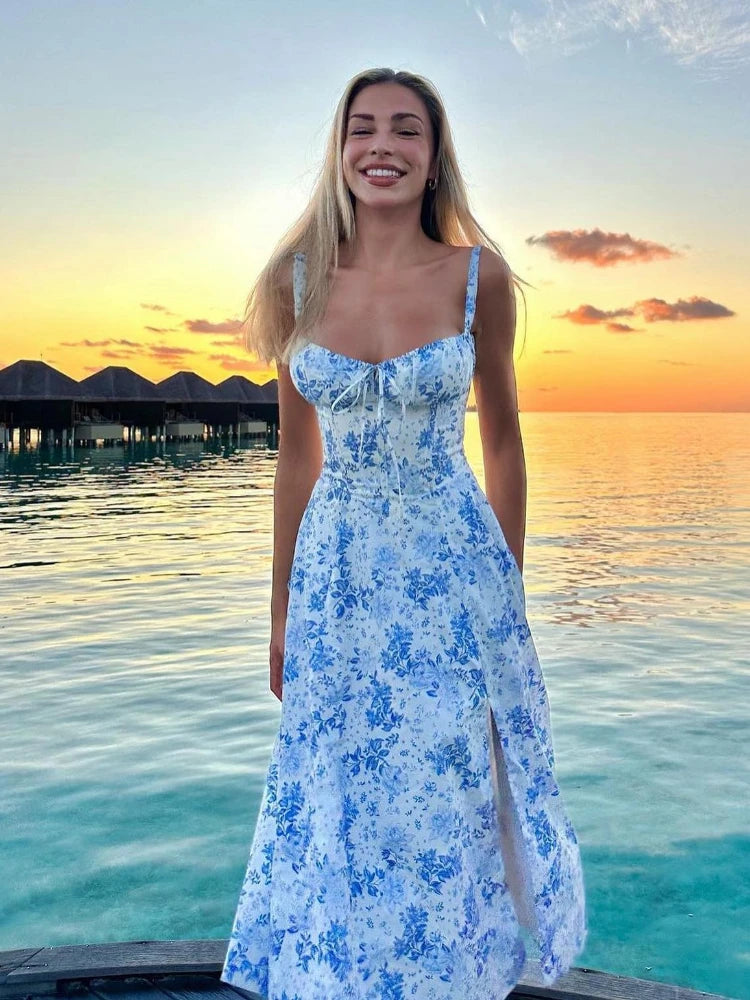 Mingmingxi Floral Print Summer Holiday Dress Elegant Midi Spaghetti Strap Lace Up Dress A Line Casual Women Clothing 2024