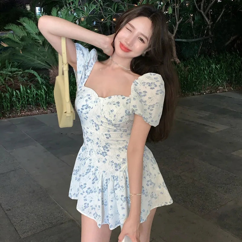 Robe d'été à fleurs pour femmes, taille haute, col carré, épaules dénudées, mini-robe pour filles