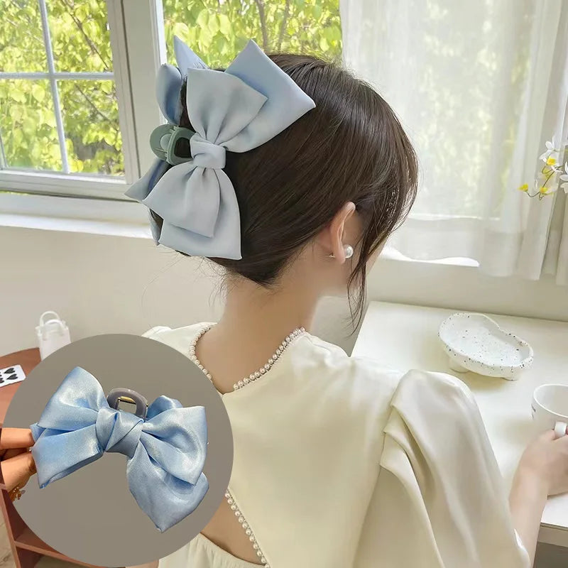 Fashion Double Side Solid Satin Chiffon Big Bows Plastic Large Crab Clips Claw for Women Girls Thick Hair Accessories Headwear