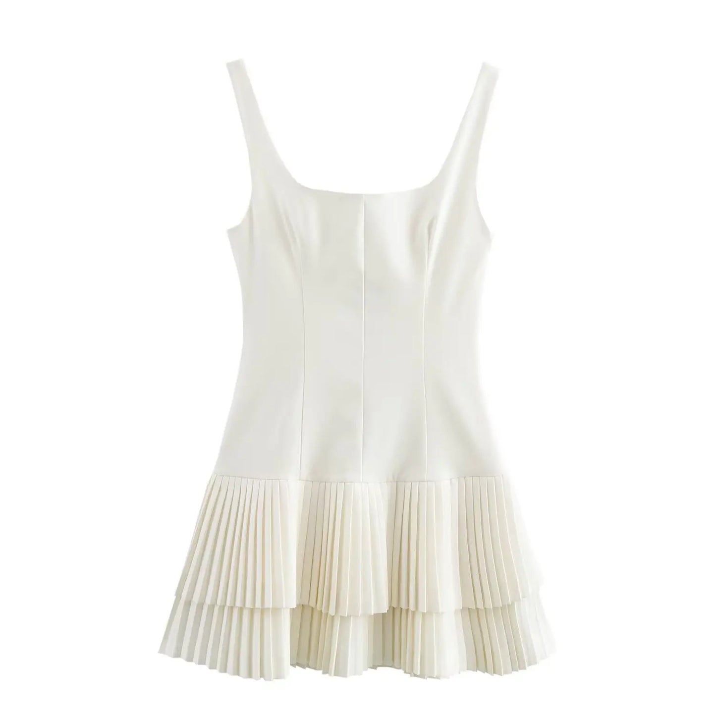 TRAFZA Women Summer Square Collar Sleeveless Solid Mini Dress Woman Elegant Chic High Street Slim Short Dress Pleated Dress