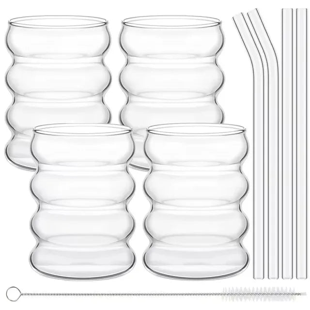 Lot de 4 tasses en verre créatives, tasses à café, verres transparents, verres côtelés avec pailles, verres à cocktail et à fruits