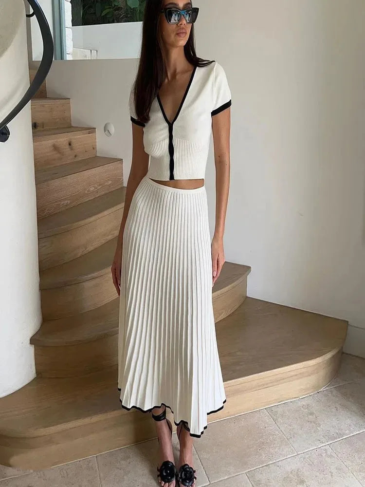 Été Femmes Blanc Longue Jupe Costume Manches Courtes Col V Crop Top Plissé Ensemble Élégant Robe 2 Pièces Jupe Ensemble