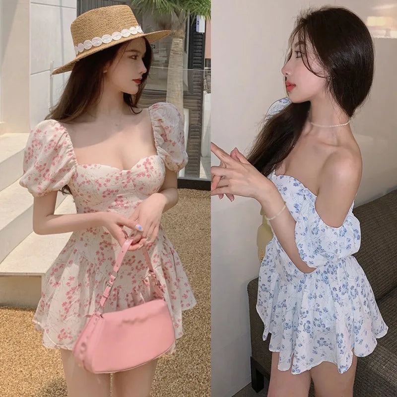 Robe d'été à fleurs pour femmes, taille haute, col carré, épaules dénudées, mini-robe pour filles
