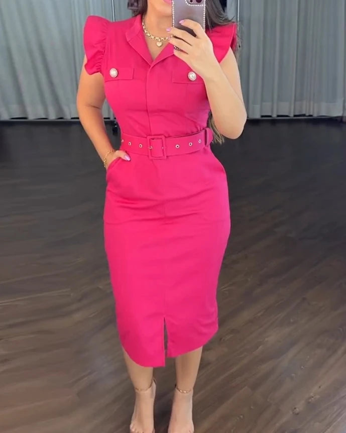 2025 Sexy Elegant Dresses for Women Turn-Down Collar Flutter Sleeve Button Decor Front Slit Slim Fit Mid-Calf Dress Work Bodycon