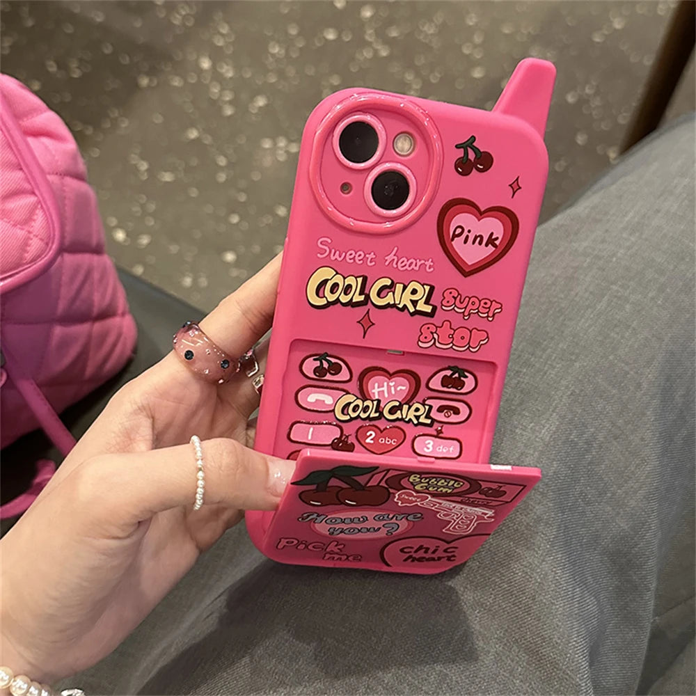 Coque de téléphone portable rétro coréenne amusante Y2K avec miroir de maquillage 3D rose et cœur cerise pour iPhone 15, 14, 13, 12, 16 Pro Max