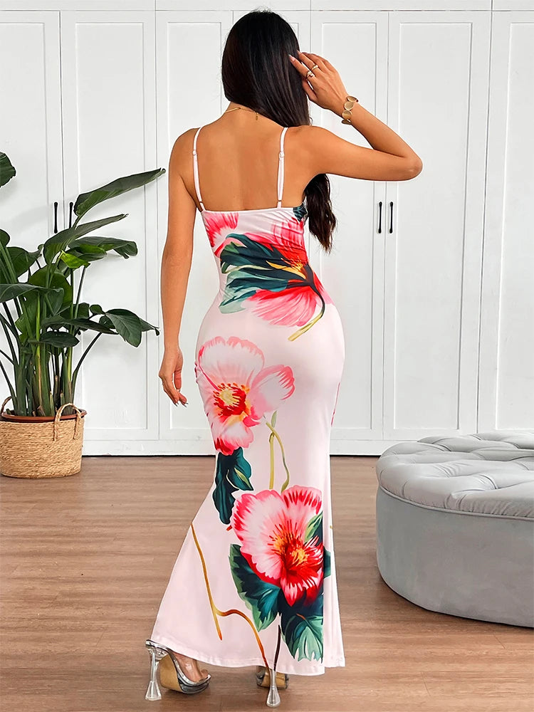 Women's Print Maxi Dresses Summer Sexy Backless Sleeveless Sling Dress New Streetwear Fashion Lady Casual Slim Dresses Clothing