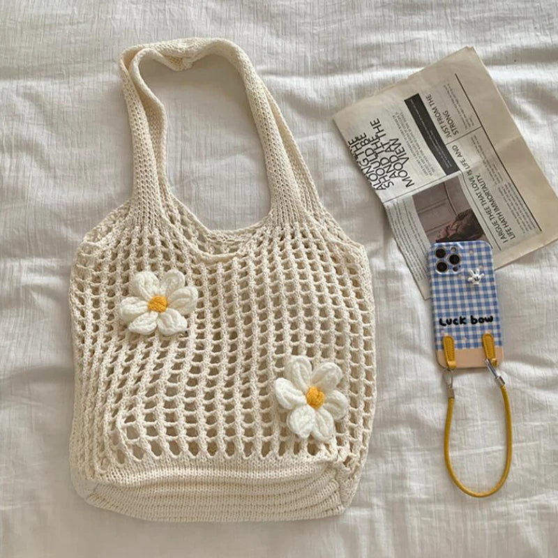 Women Knitted Shoulder Bag Fashion Tote Handbag Large Capacity Summer Beach Bag Lightweight Casual Top Handle Bag Chic Hobo Bag