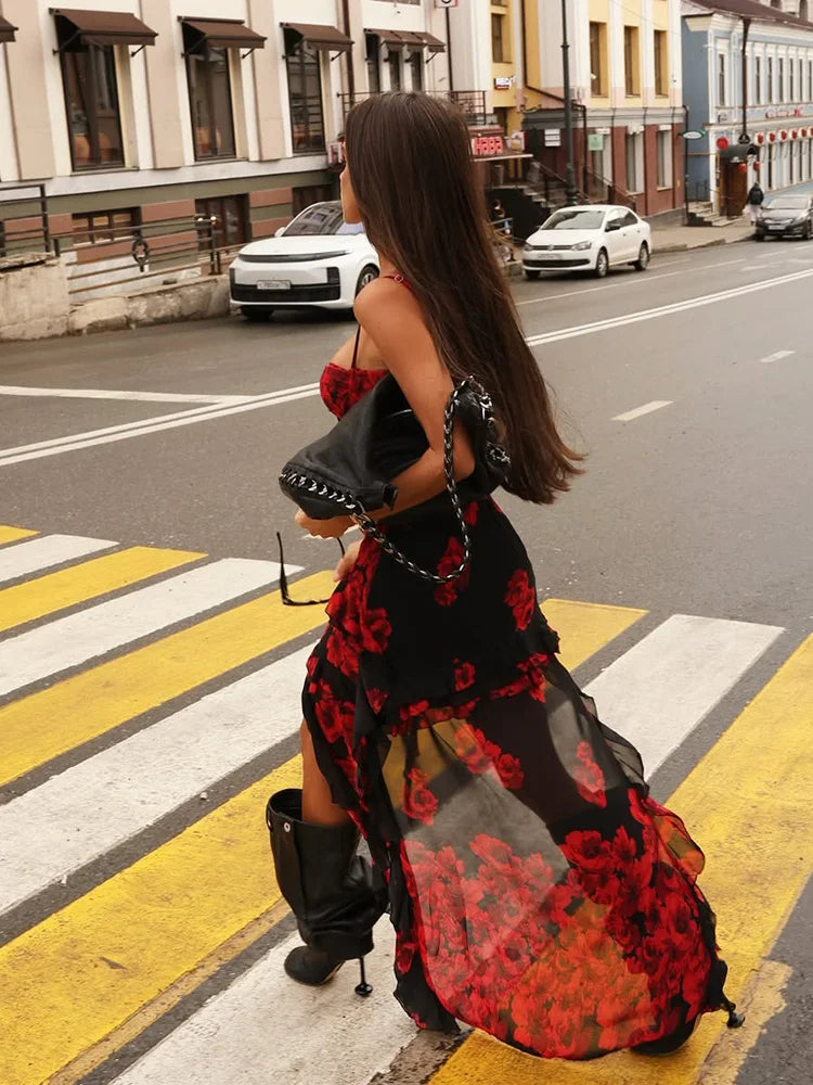 CNYISHE Camisoles Mesh Patchwork Prints Sheer Irregular hemline Trendy Chic Sheath Women Dresses Sexy Club Streetwear Female