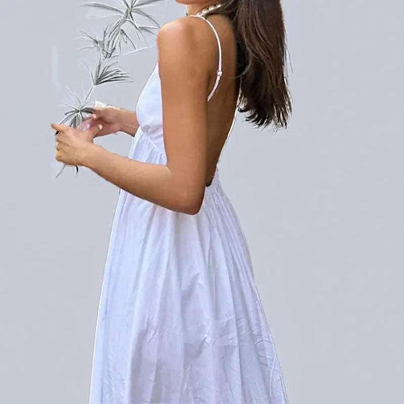 VEITCHE Summer Sexy Backless Women Long Dress V Neck Solid High Waisted Loose Fitting A-line White Dresses Beach Vocation Outfit
