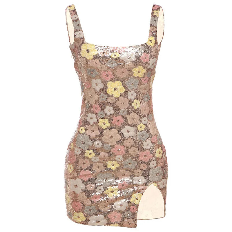 Square Collar Sequin Short Slip Dress Women Sexy Sleeveless Backless Hip Package Side Split Mini Dresses Elegant Lady Partywear