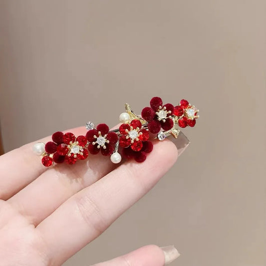 Retro Pearl Rhinestone Red Flower Hairpin Temperament Half-tied Spring Clip Female New Year Hair Accessories