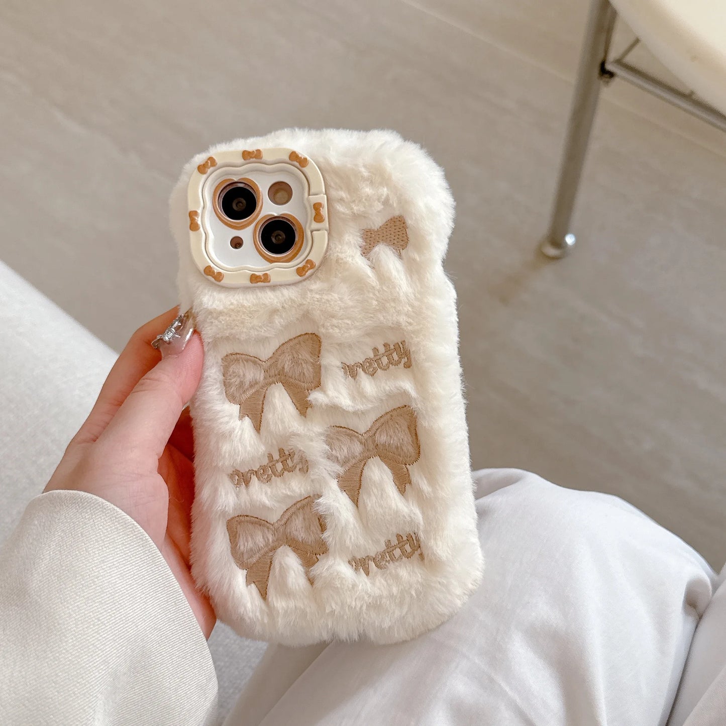 Cute Embroidered Bow Plush Phone Case for Girls Autumn Winter Furry Phone Case for iPhone 16 15 14 13 12 11 Pro Max