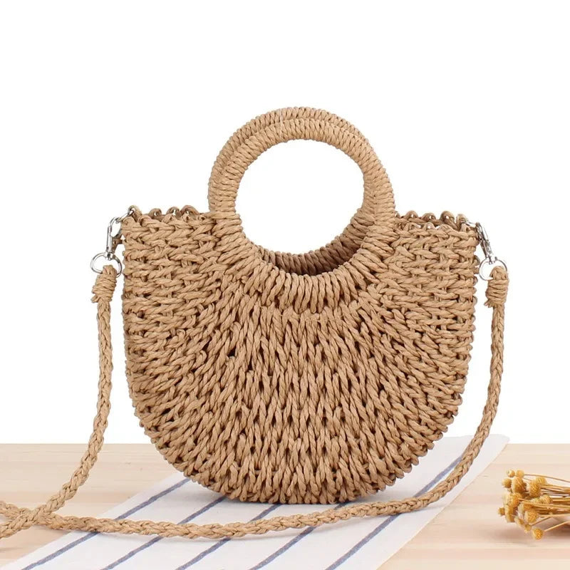 Straw Bag Women Hand-Woven Handbag Moon Shape Lace Bow Rattan Bag Big Capacity Drawstring Casual Beach Shoulder Crossbody Bag