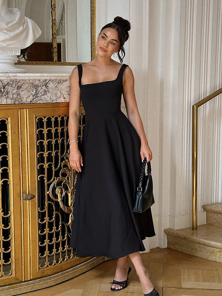 2025 Polka Dot Maxi Dresses Women Elegant Square Neck Lotus Hem Long Gowns Chic Lady Sleeveless High Waist Cinched Summer Robes