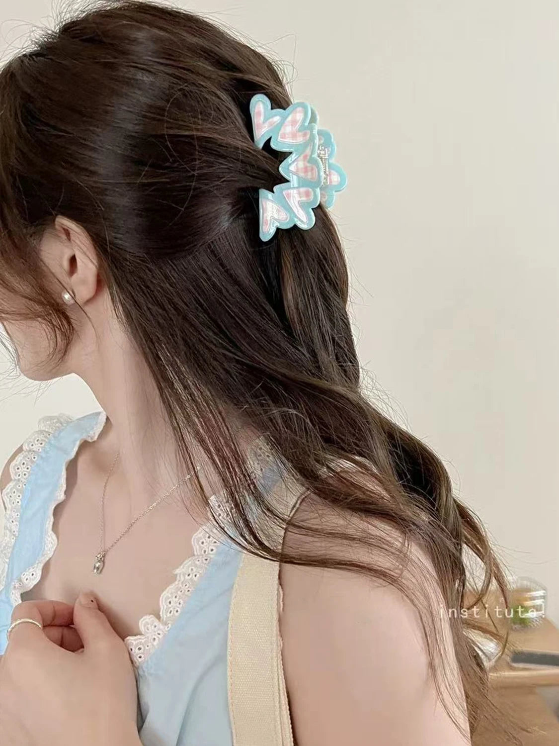1PC Korean Sweet and girly floral check bow grab clip acrylic shark clip back of the head pan hair hairpin hair ornament