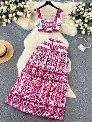 European Style Qinghua Porcelain Printed Suit Women's Summer Pure Desire Waist Tank Top High-waisted Medium Length Skirt
