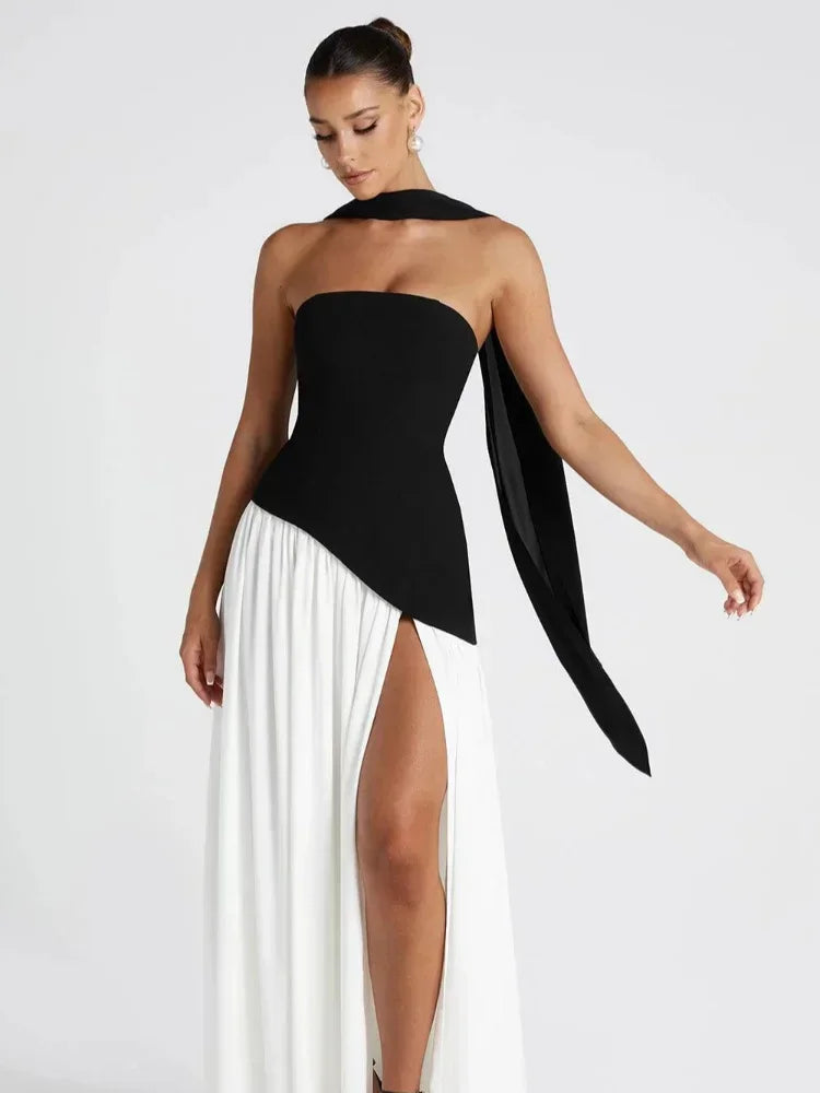 Elegant Solid Pleated Maxi Dress Women Sexy Sleeveless Off Shoulder High Slit Spliced Scarf Slim Fit Dresses 2025 New Party Wear