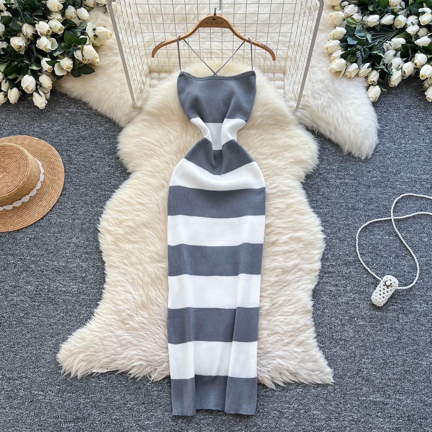 New Summer Stripe Elastic Bodycon Strap Dress Sexy Blackless Beach Sundress Women Casual Slim Pencil Vestidos Maxi Long Dress