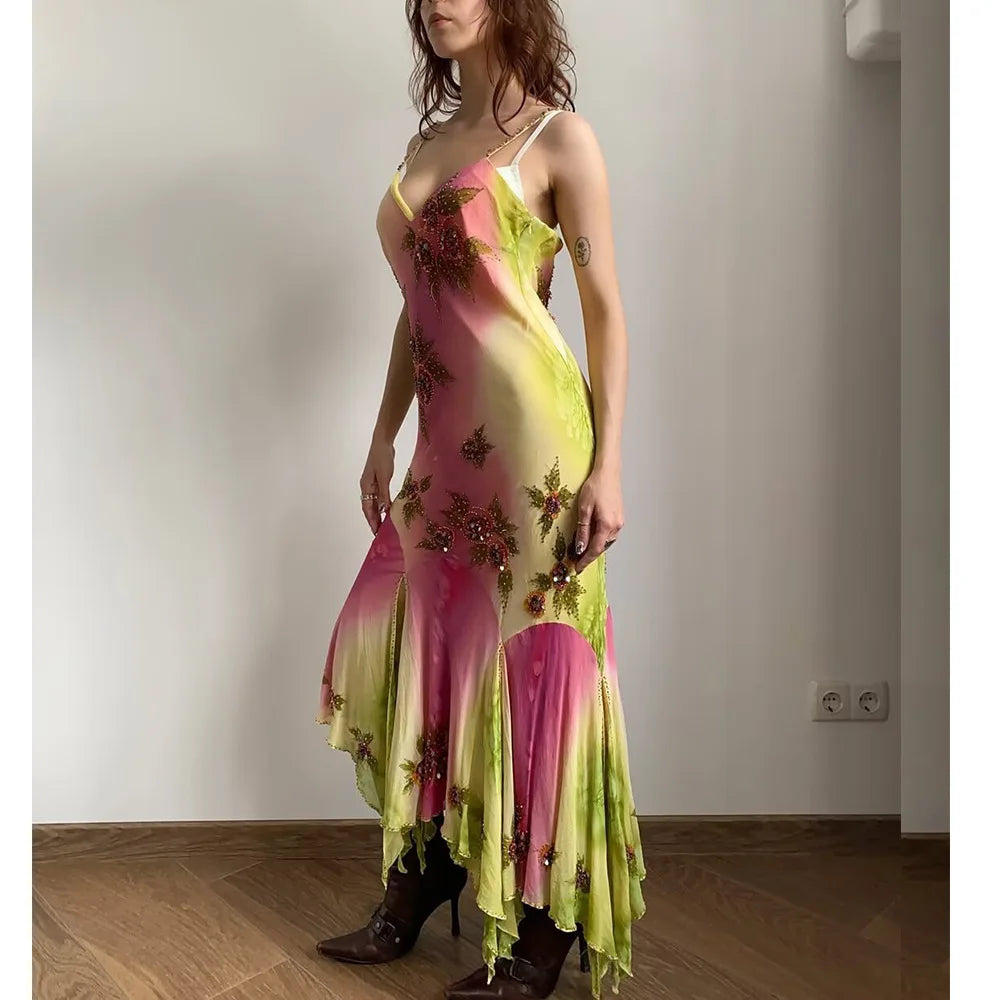 VEITCHE Summer 2025 New Arrival Women Chiffon Printed Ruffled Irregular Sequins Long Dress Off Shoulder V Neck Female Vestidos