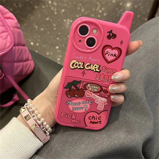 Ins Korean Retro Funny Mobile Phone Y2k Cherry Heart 3D Pink Make Up Mirror Case For iPhone 15 14 13 12 16 Pro Max Bracket Shell