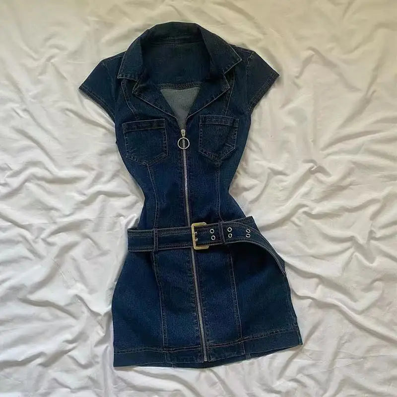 Robe en jean bleu style rétro coréen à revers, taille fine, fermeture éclair, style Y2K, nouvelle collection été, style Harajuku, gothique, streetwear, sexy, épicée