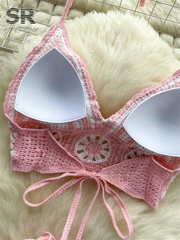 SINGREINY Ensemble 2 pièces en tricot pour femme, tenue de plage, dos nu, sans manches, à lacets, camisole + short à taille élastique, crochet, fleur creuse, ensemble 2 pièces