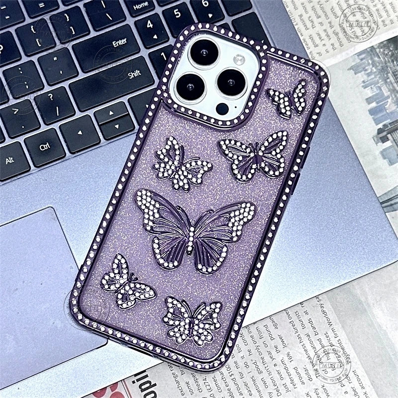 Bling Rhinestone 3D Case For iPhone 16 15 14 13 12 11 Pro Max Plus Cover Diamond Butterfly Shiny Sparkle Girls Cute Woman Beauty